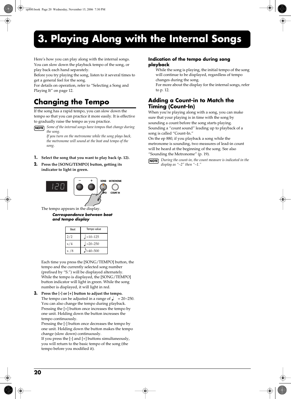 Playing along with the internal songs, Changing the tempo, Adding a count-in to match the timing (count-in) | Song with perfect timing (p. 20) | Roland EP-880 User Manual | Page 20 / 216