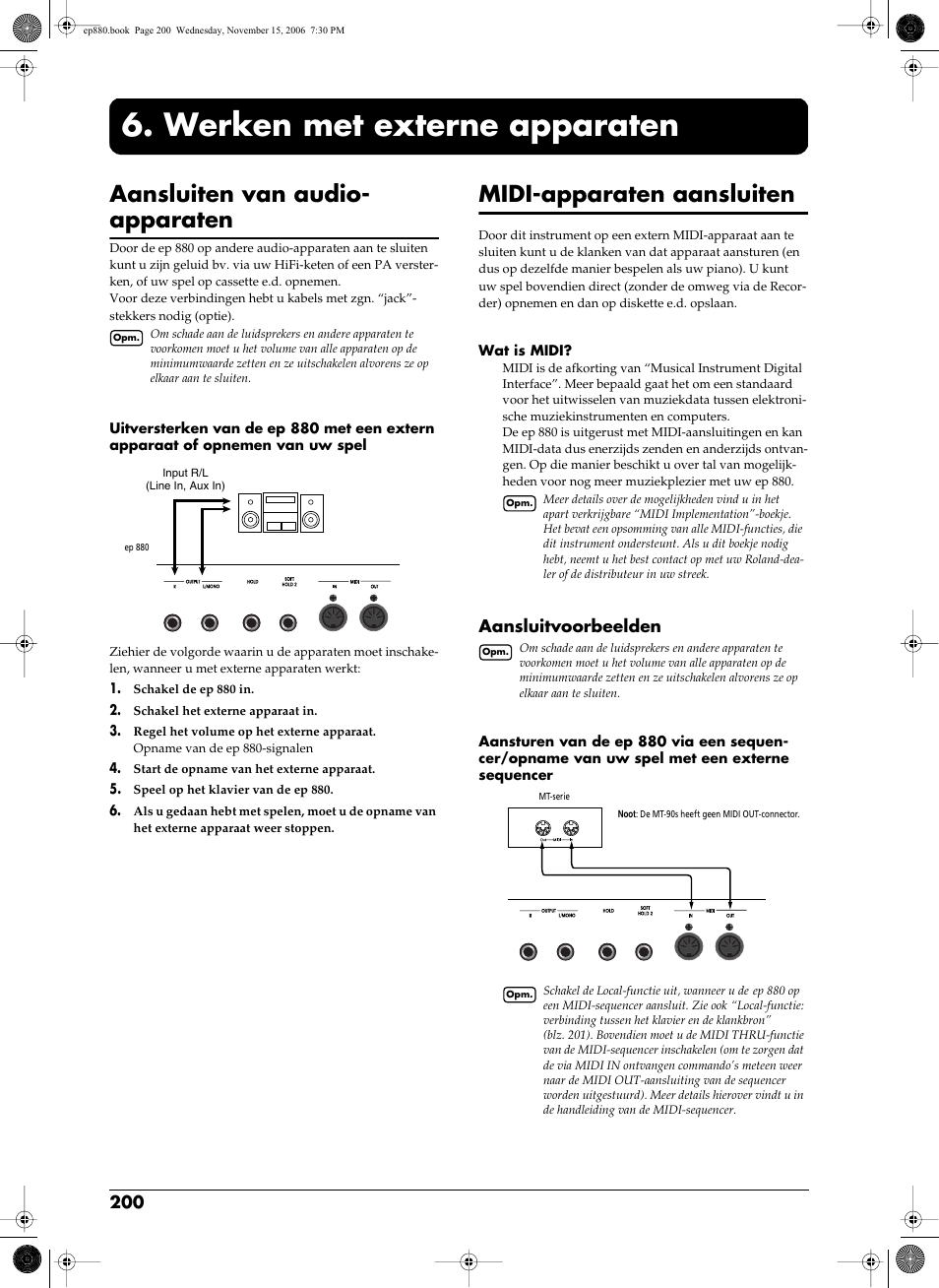 Werken met externe apparaten, Werken met externe appa- raten” (blz. 200), Aansluiten van audio- apparaten | Midi-apparaten aansluiten, Aansluitvoorbeelden | Roland EP-880 User Manual | Page 200 / 216