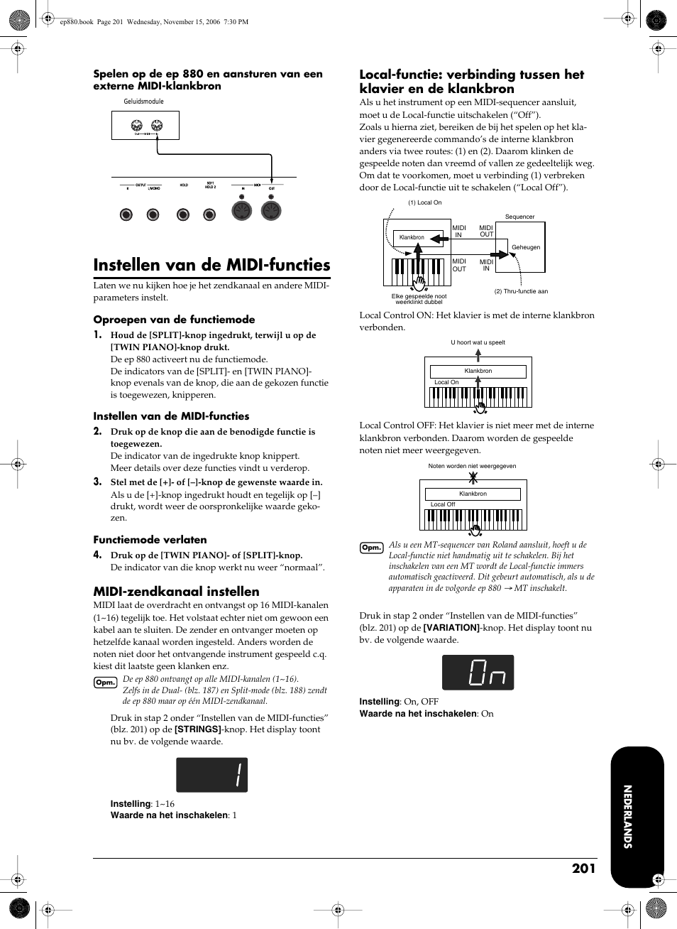 Instellen van de midi-functies, Blz. 201, Midi-zendkanaal instellen | Roland EP-880 User Manual | Page 201 / 216