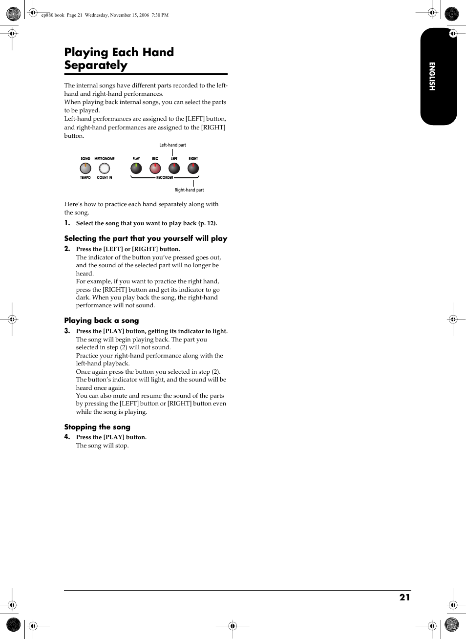 Playing each hand separately | Roland EP-880 User Manual | Page 21 / 216