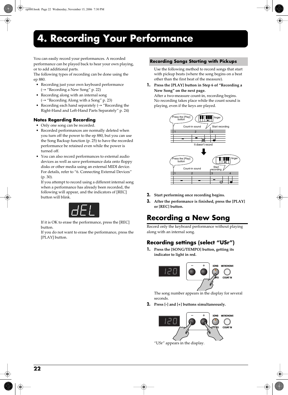 Recording your performance, Recording songs starting with pickups, Recording a new song | P. 22), Recording settings (select “usr”) | Roland EP-880 User Manual | Page 22 / 216