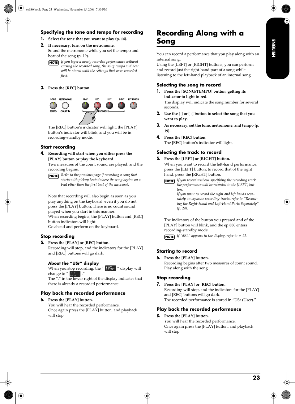 Recording along with a song, Recording along with a song” p. 23) | Roland EP-880 User Manual | Page 23 / 216