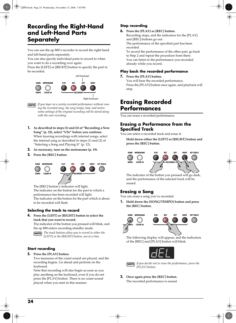 Recording the, Right-hand and left-hand parts separately” p. 24), Erasing recorded performances | Erasing a performance from the specified track, Erasing a song | Roland EP-880 User Manual | Page 24 / 216