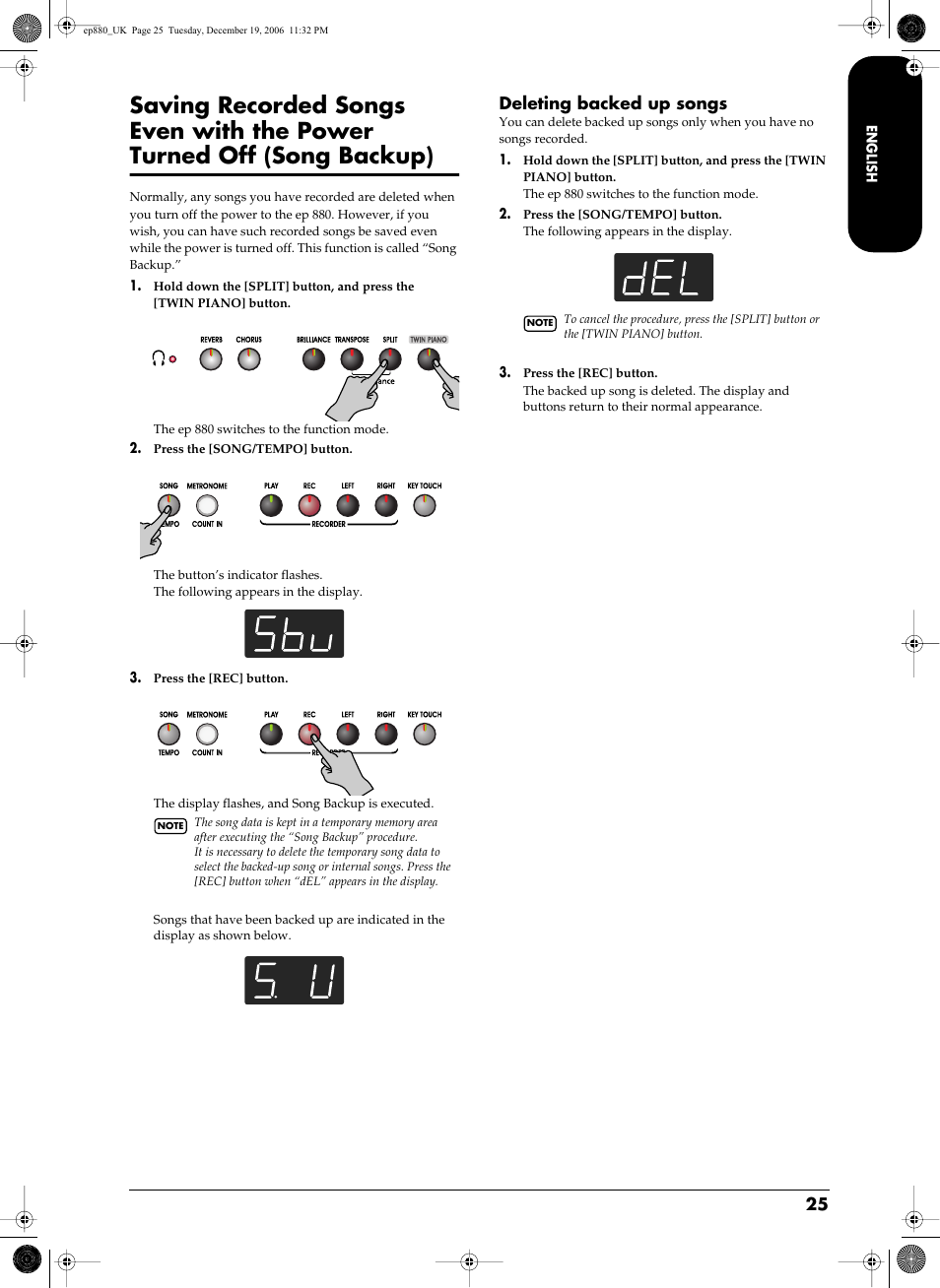 Deleting backed up songs, Songs saved with song backup (p. 25) | Roland EP-880 User Manual | Page 25 / 216