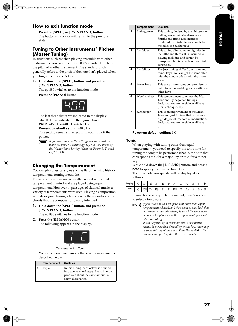 P. 27, How to exit function mode, Changing the temperament | Roland EP-880 User Manual | Page 27 / 216