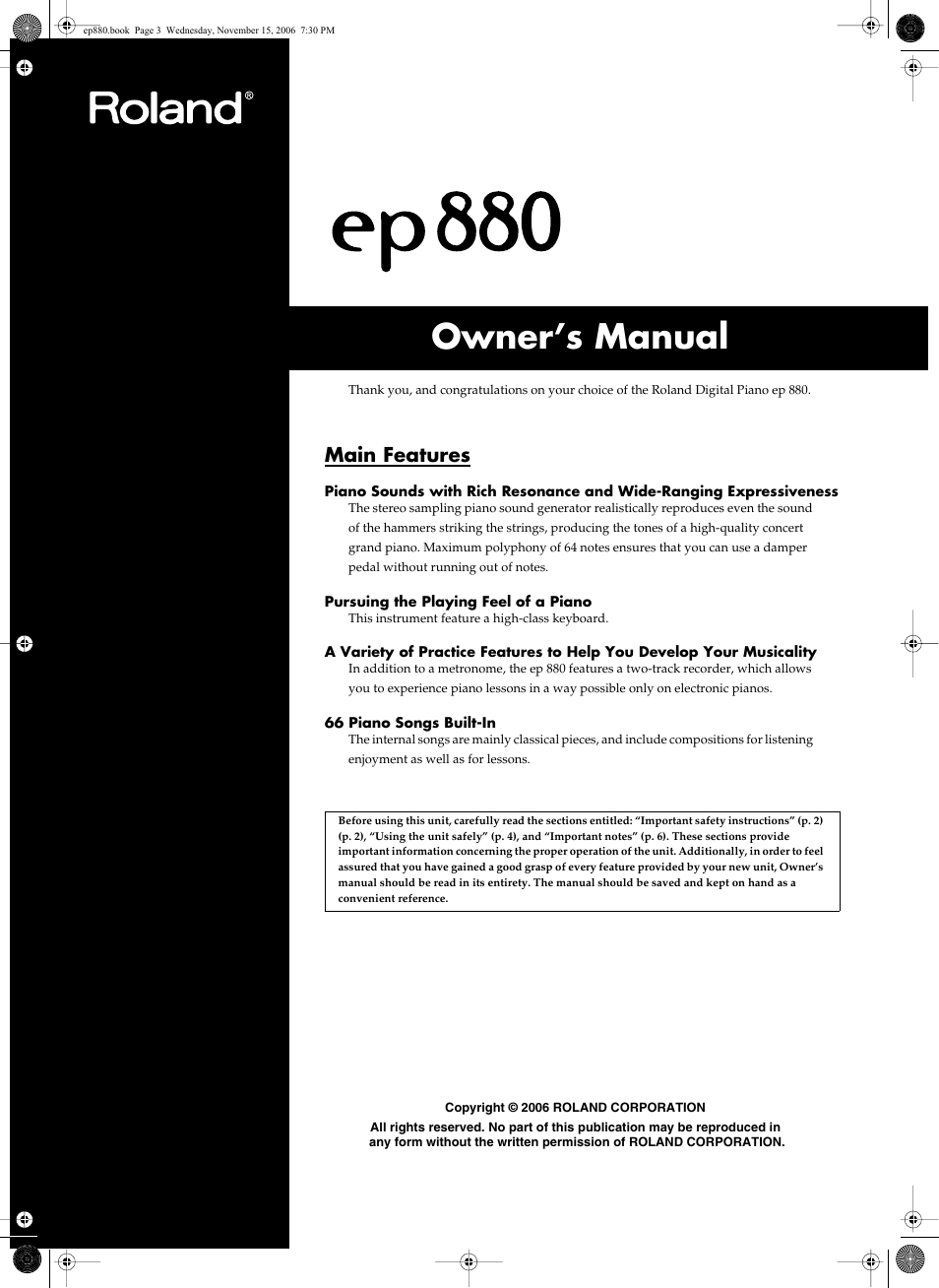 Owner’s manual, P. 3), Main features | Roland EP-880 User Manual | Page 3 / 216