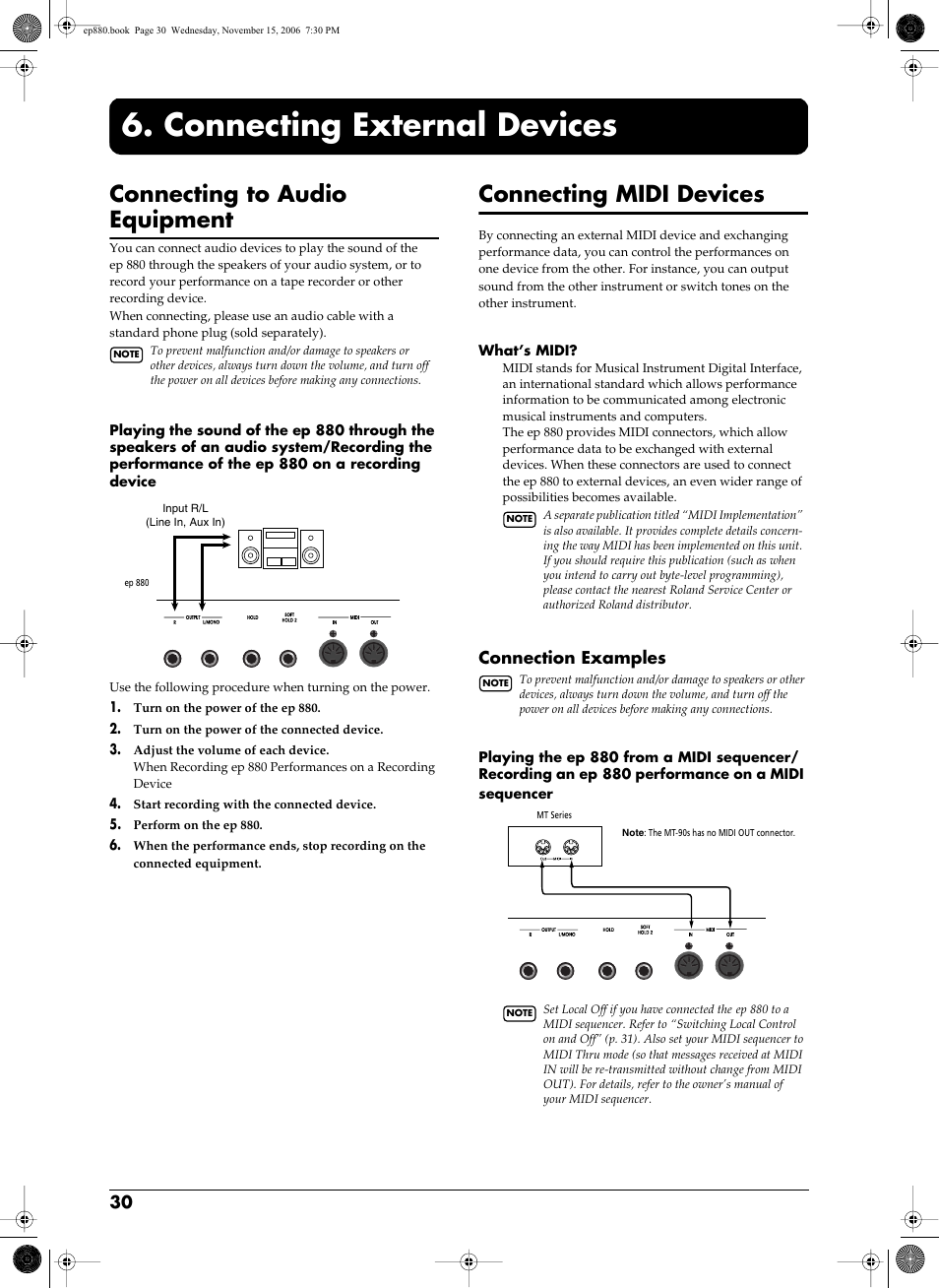 Connecting external devices, Connecting to audio equipment, Connecting midi devices | Connection examples | Roland EP-880 User Manual | Page 30 / 216