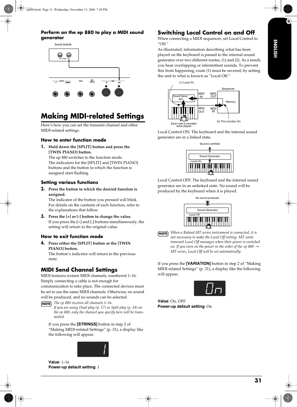 Making midi-related settings, P. 31, Midi send channel settings | Switching local control on and off | Roland EP-880 User Manual | Page 31 / 216