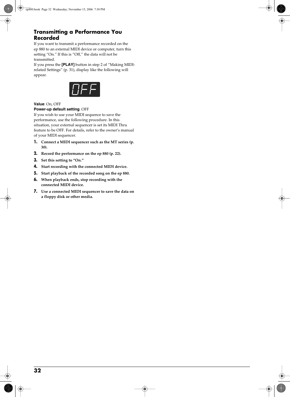 Transmitting a performance you recorded, P. 32, 32 transmitting a performance you recorded | Roland EP-880 User Manual | Page 32 / 216