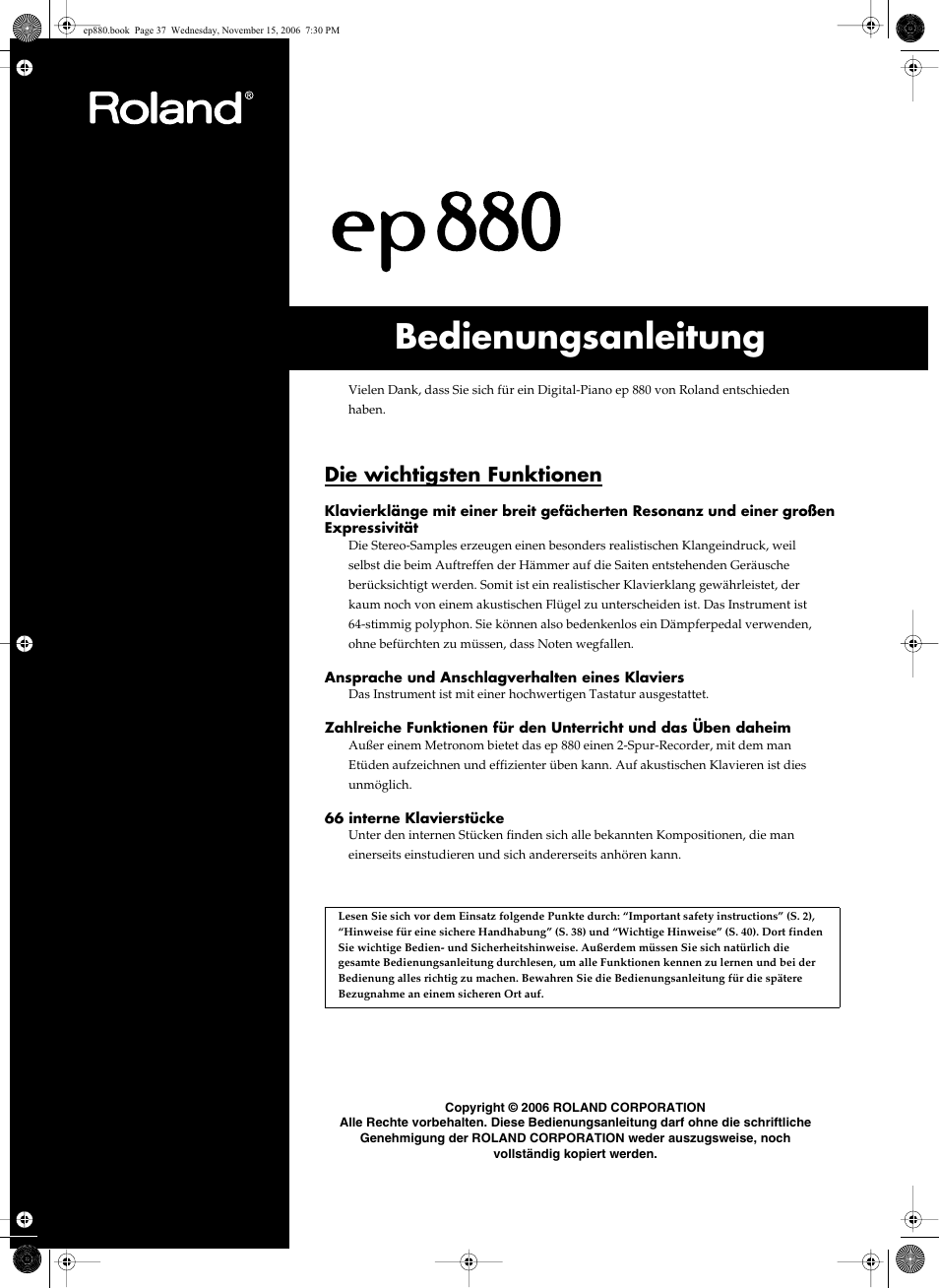 Bedienungsanleitung, P. 37), Die wichtigsten funktionen | Roland EP-880 User Manual | Page 37 / 216