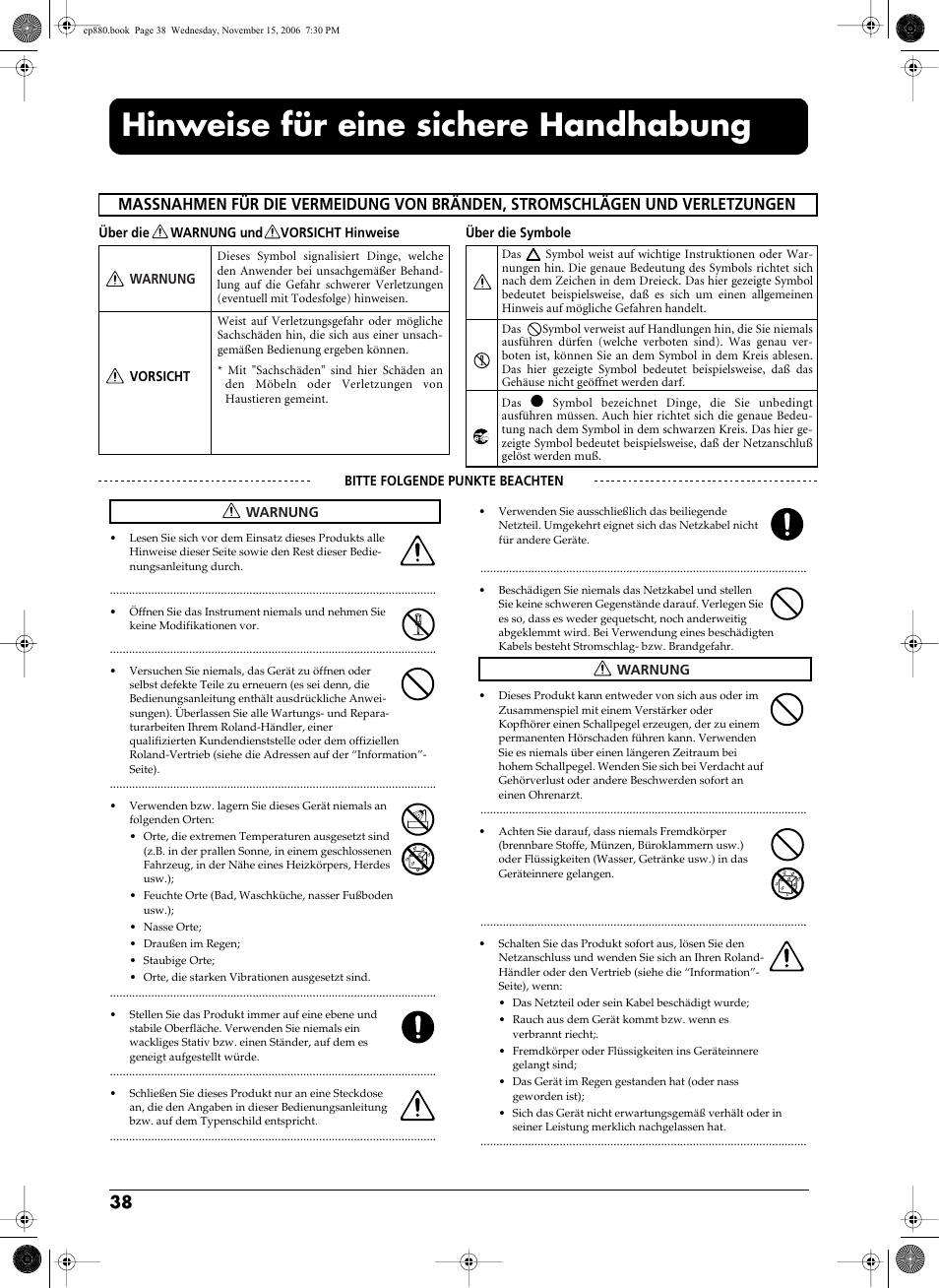 Hinweise für eine sichere handhabung | Roland EP-880 User Manual | Page 38 / 216