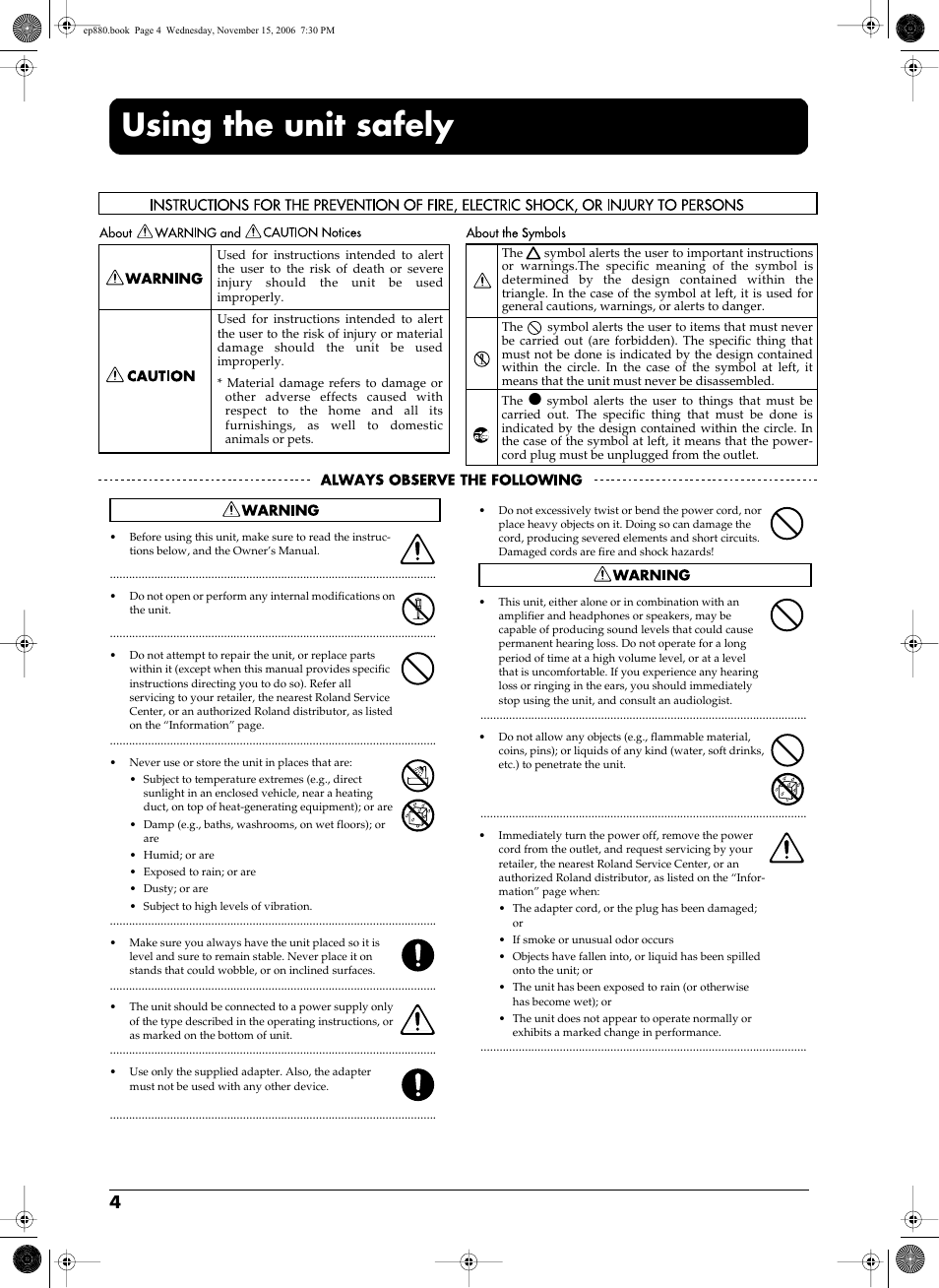 Using the unit safely | Roland EP-880 User Manual | Page 4 / 216