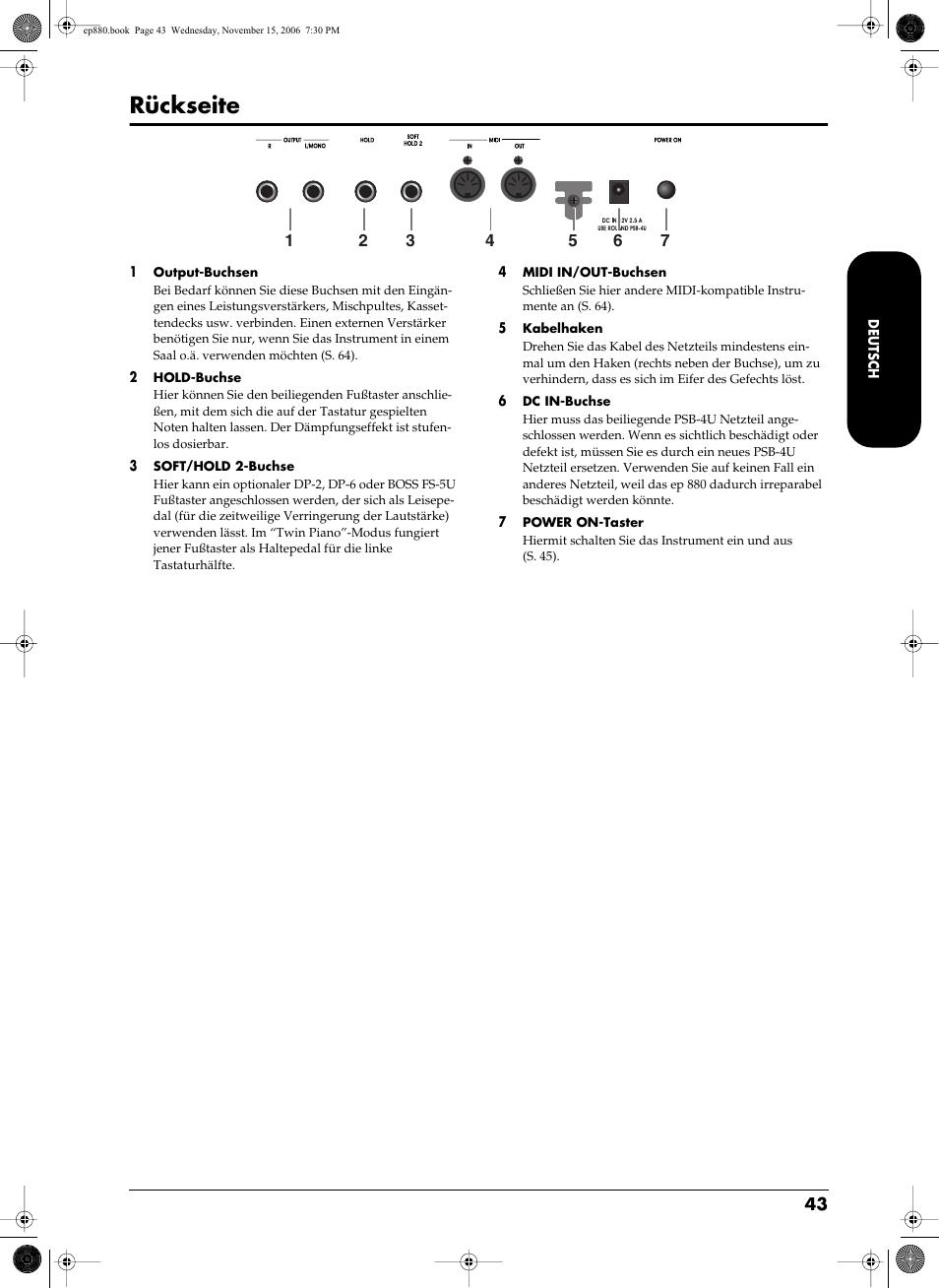 Rückseite | Roland EP-880 User Manual | Page 43 / 216