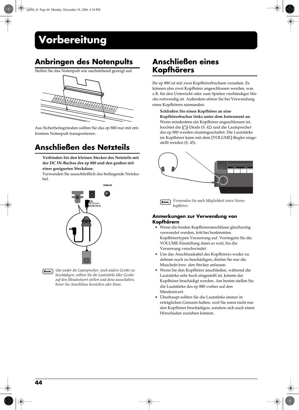 Vorbereitung, En (s. 44), Anschließen des netzteils | Anschließen eines kopfhörers | Roland EP-880 User Manual | Page 44 / 216