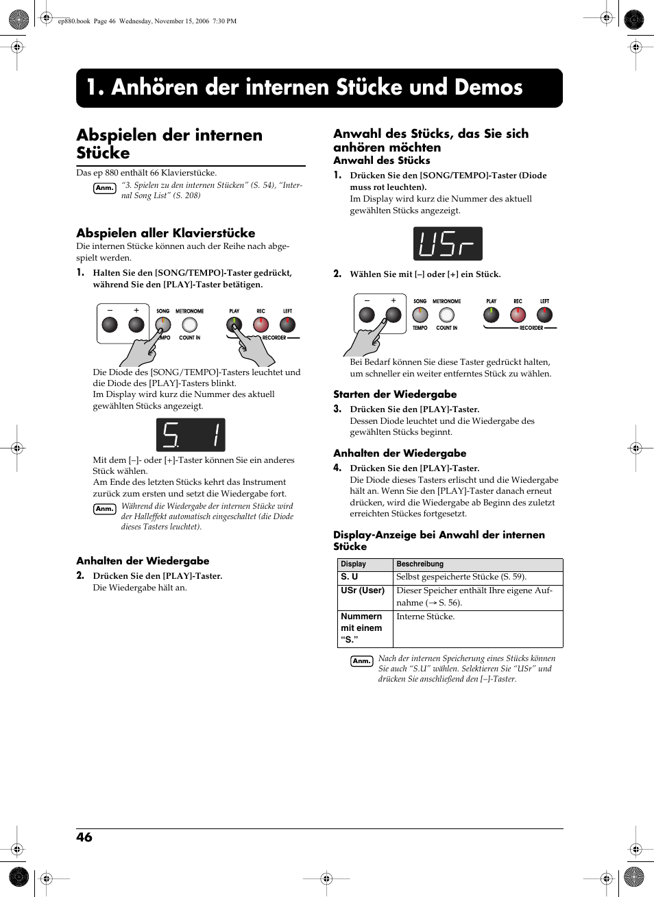 Anhören der internen stücke und demos, Anhören der internen stücke und demos46, Abspielen der internen stücke | S. 46, 54). bei wiederholtem dr, Cke (s. 46, 56), Abspielen aller klavierstücke, Anwahl des stücks, das sie sich anhören möchten | Roland EP-880 User Manual | Page 46 / 216