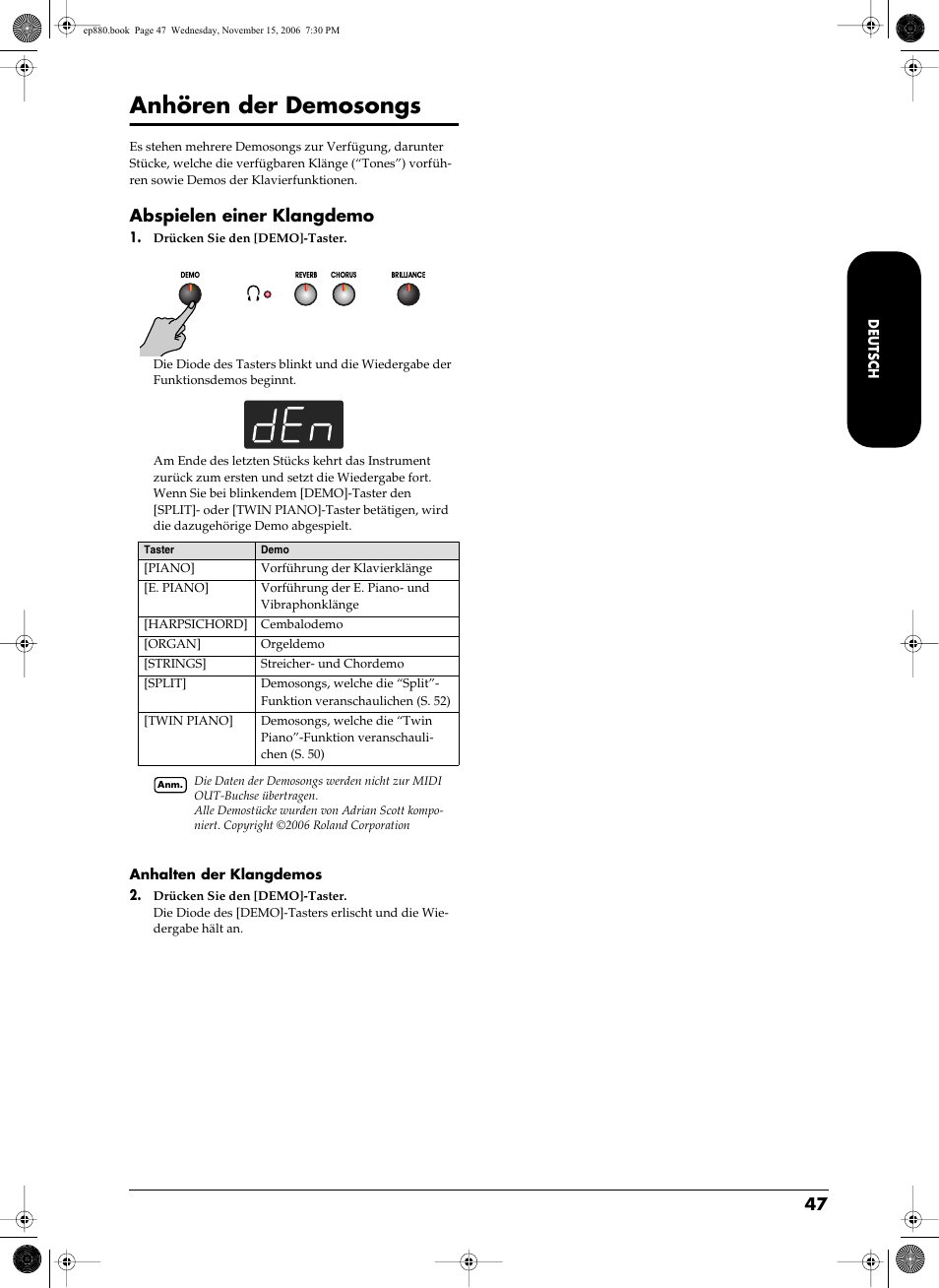 Anhören der demosongs, Ments (s. 47), Abspielen einer klangdemo | Roland EP-880 User Manual | Page 47 / 216