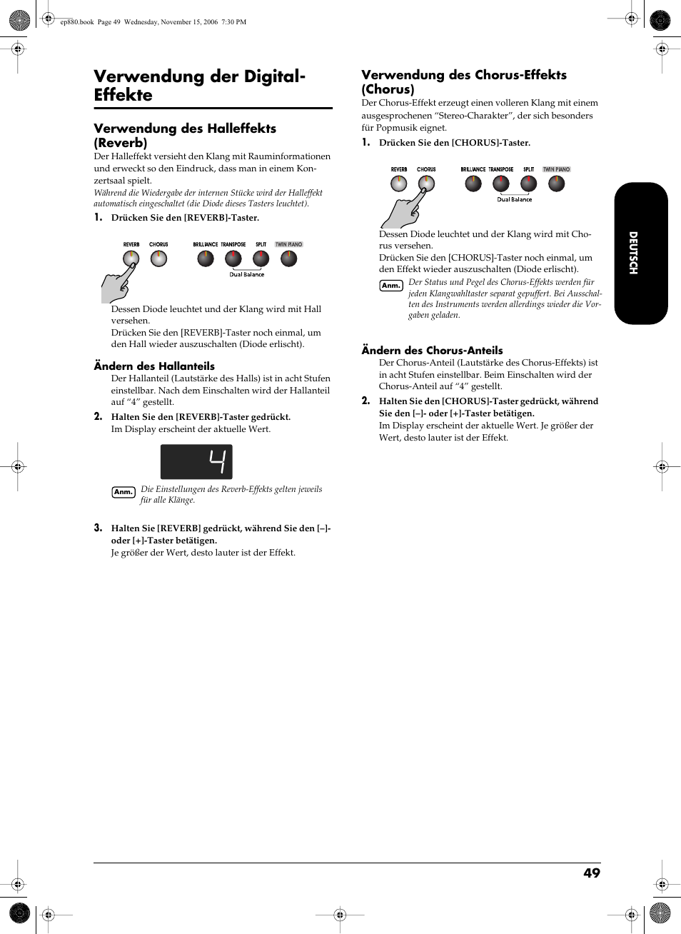 Verwendung der digital-effekte, S. 49), Verwendung der digital- effekte | Verwendung des halleffekts (reverb), Verwendung des chorus-effekts (chorus) | Roland EP-880 User Manual | Page 49 / 216