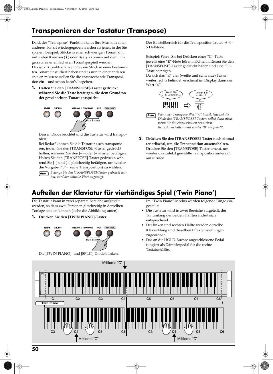 Hiermit transponieren sie die tastatur (s. 50), Nnen (s. 50), Transponieren der tastatur (transpose) | Roland EP-880 User Manual | Page 50 / 216