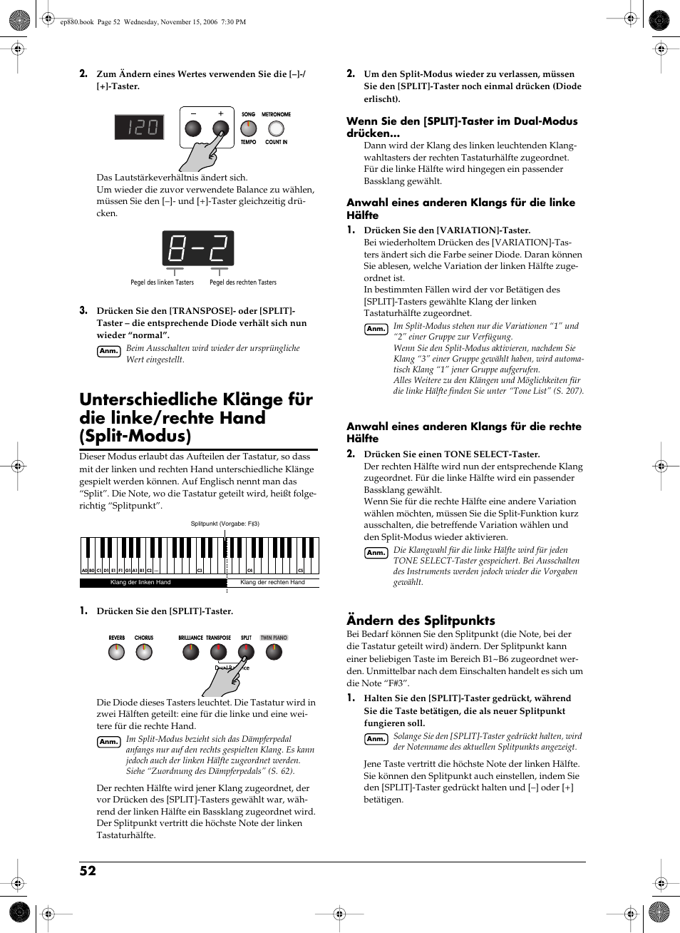 Spielen (s. 52). halten sie diesen und den [twin, Ändern des splitpunkts | Roland EP-880 User Manual | Page 52 / 216