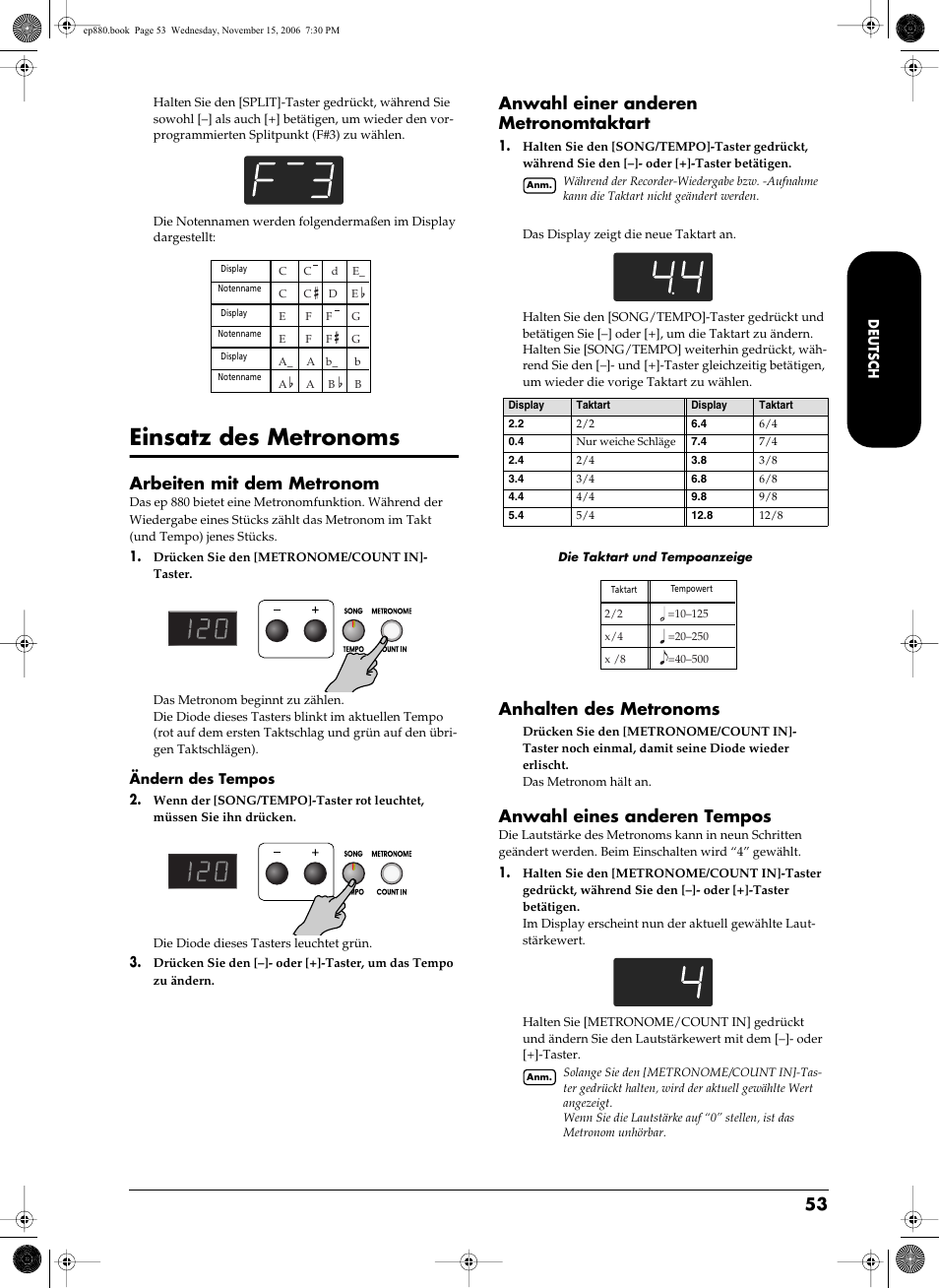 Einsatz des metronoms, Hiermit schalten sie das metronom ein/aus (s. 53), Arbeiten mit dem metronom | Anwahl einer anderen metronomtaktart, Anhalten des metronoms, Anwahl eines anderen tempos | Roland EP-880 User Manual | Page 53 / 216