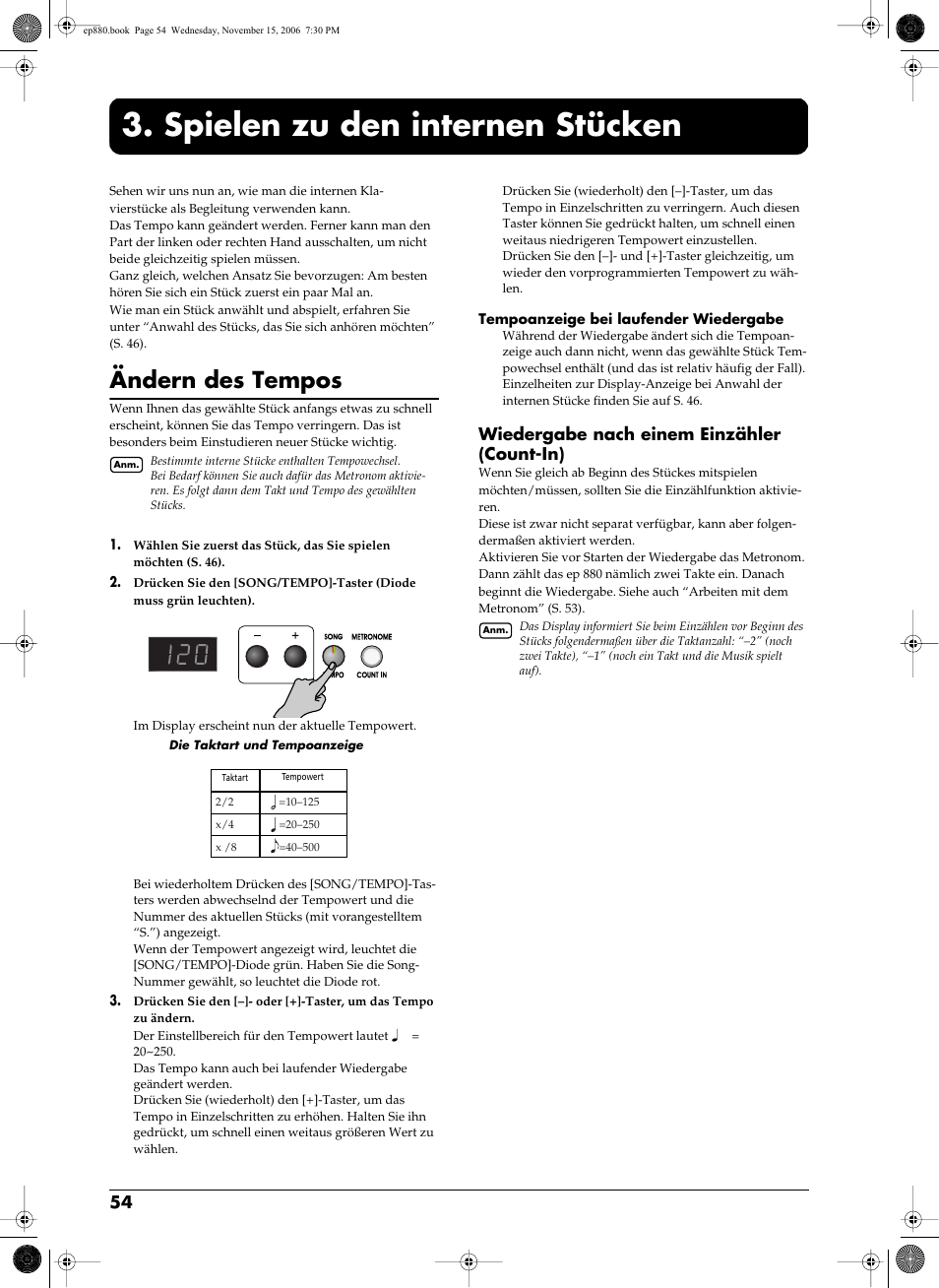 Spielen zu den internen stücken, Ändern des tempos, Wiedergabe nach einem einzähler (count-in) | Nnen (s. 54), Spielen zu den internen stücken” (s. 54) | Roland EP-880 User Manual | Page 54 / 216