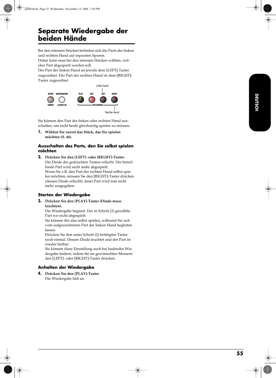 Separate wiedergabe der beiden hände, Chten (s. 55, 57~58). diesem taster ist | Roland EP-880 User Manual | Page 55 / 216