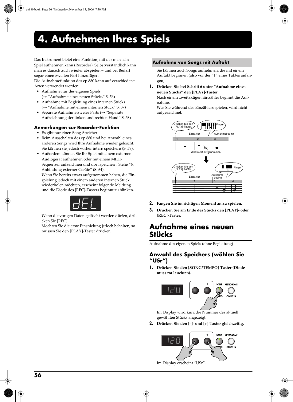 Aufnehmen ihres spiels, Aufnahme von songs mit auftakt, Aufnahme eines neuen stücks | S. 56~58), Ep 880 (s. 56~58), S. 56), Anwahl des speichers (wählen sie “usr”) | Roland EP-880 User Manual | Page 56 / 216