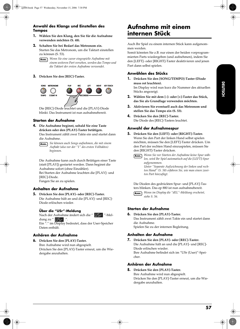 Aufnahme mit einem internen stück, Aufnahme mit einem internen stück” s. 57) | Roland EP-880 User Manual | Page 57 / 216