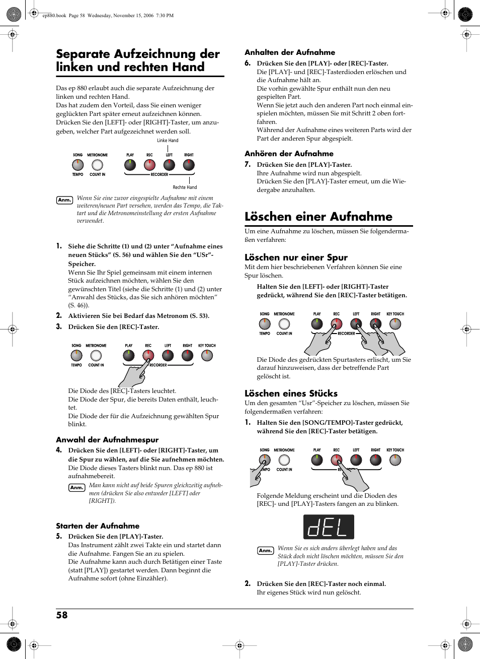 Löschen nur einer spur löschen eines stücks, Separate, Aufzeichnung der linken und rechten hand” s. 58) | Separate aufzeichnung der linken und rechten hand, Löschen einer aufnahme, Löschen nur einer spur, Löschen eines stücks | Roland EP-880 User Manual | Page 58 / 216