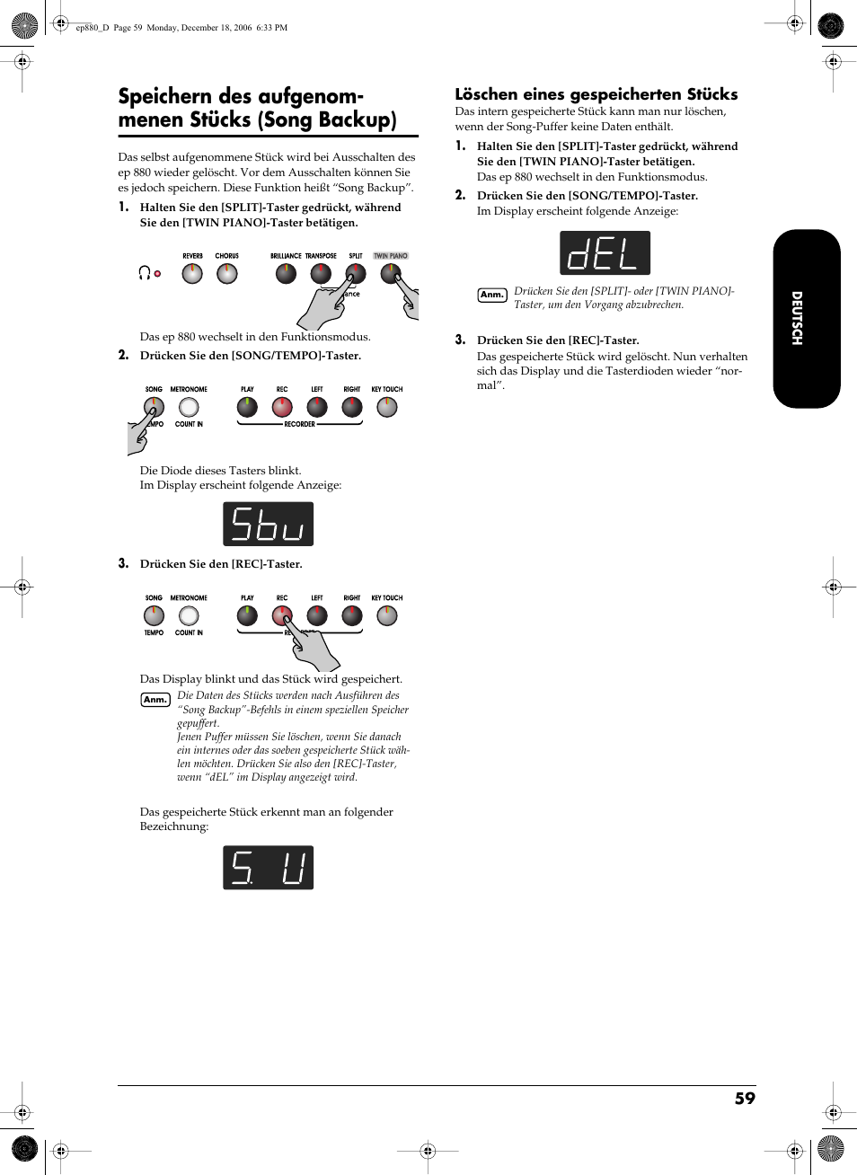 Speichern des aufgenommenen stücks (song backup), Löschen eines gespeicherten stücks, Cke (s. 59) | Nnen sie jedoch vorher intern speichern (s. 59), Speichern des aufgenom, Menen stücks (song backup) | Roland EP-880 User Manual | Page 59 / 216
