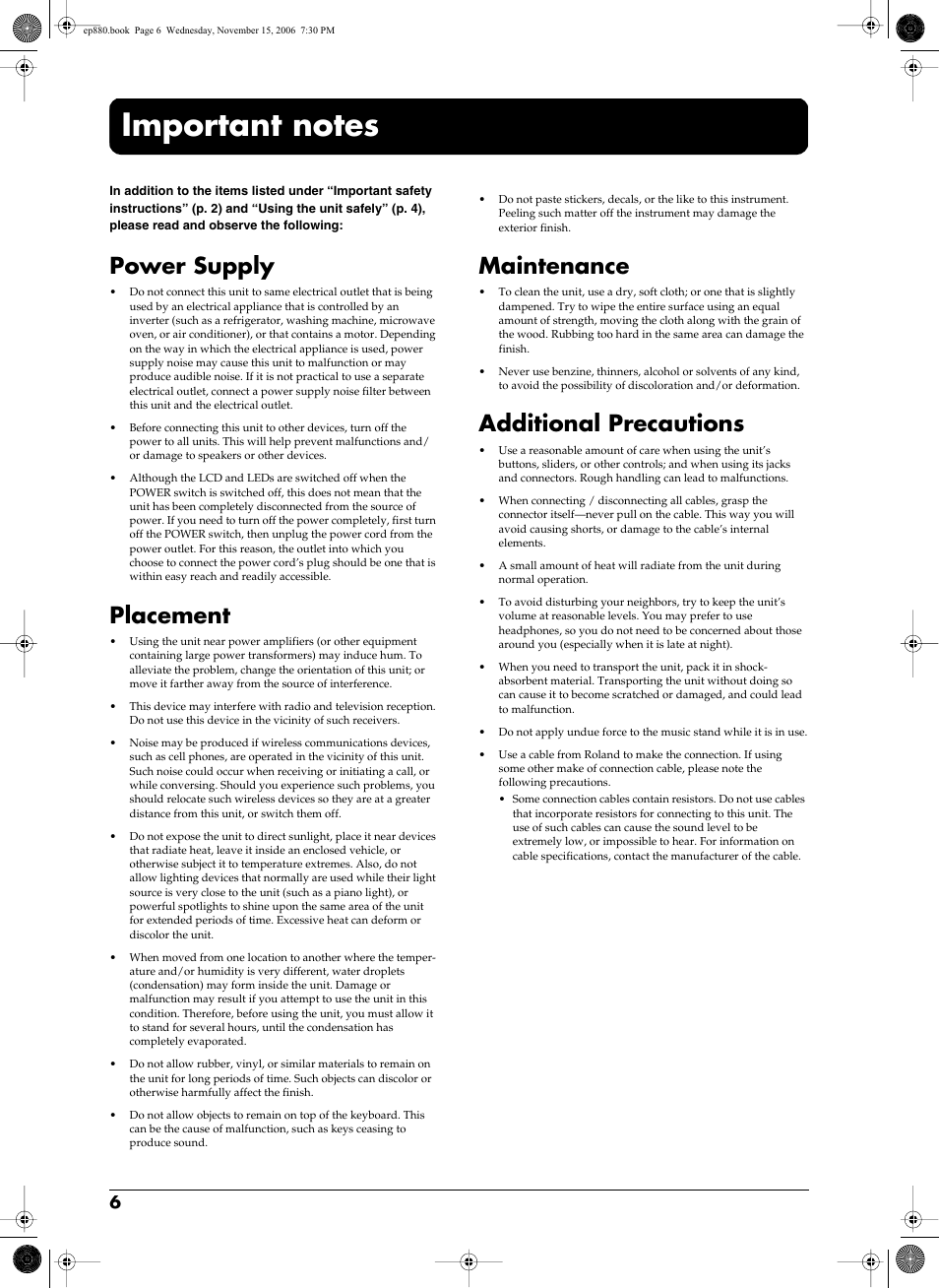 Important notes, Power supply, Placement | Maintenance, Additional precautions | Roland EP-880 User Manual | Page 6 / 216