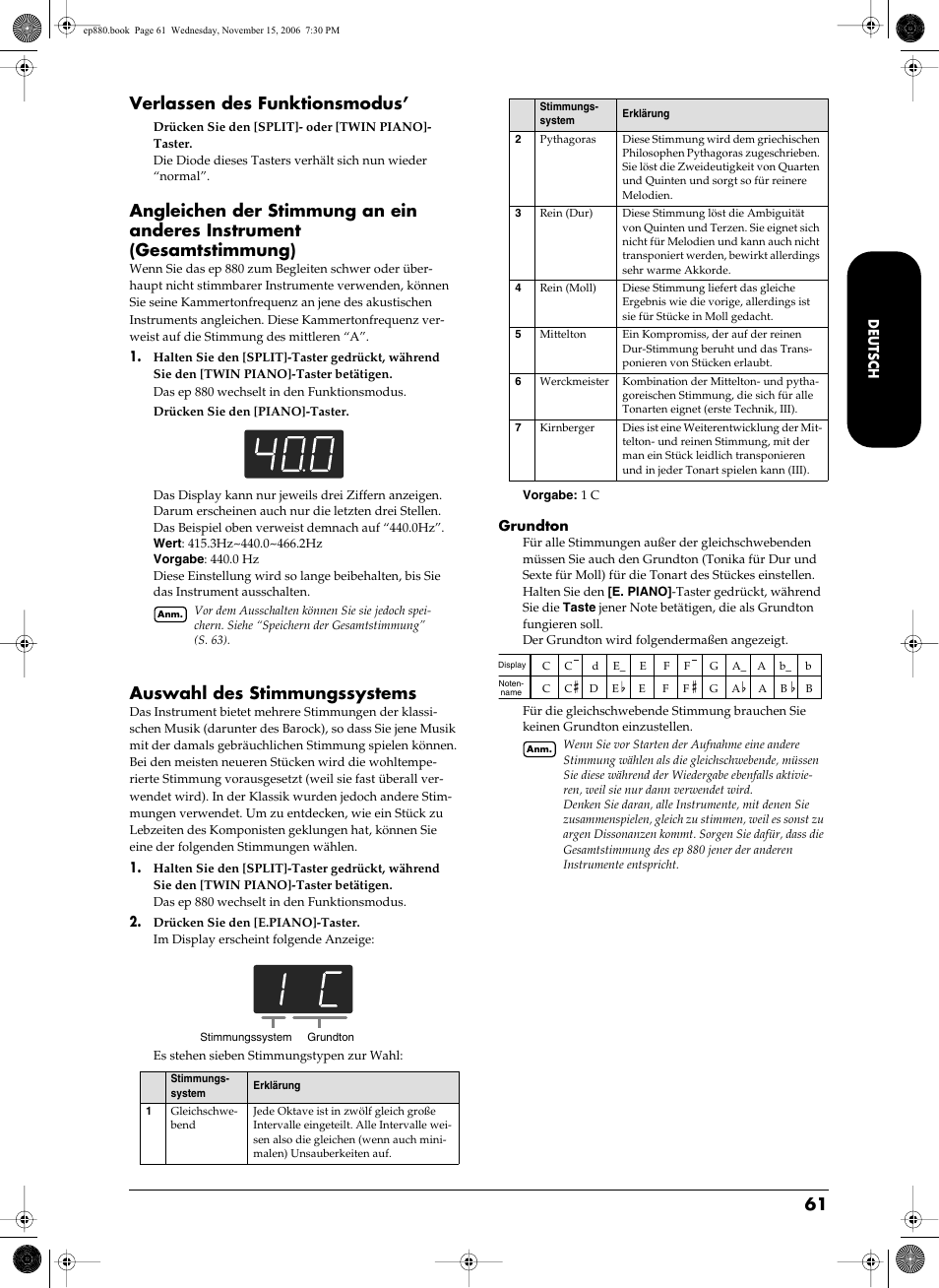 S. 61, Verlassen des funktionsmodus, Auswahl des stimmungssystems | Roland EP-880 User Manual | Page 61 / 216