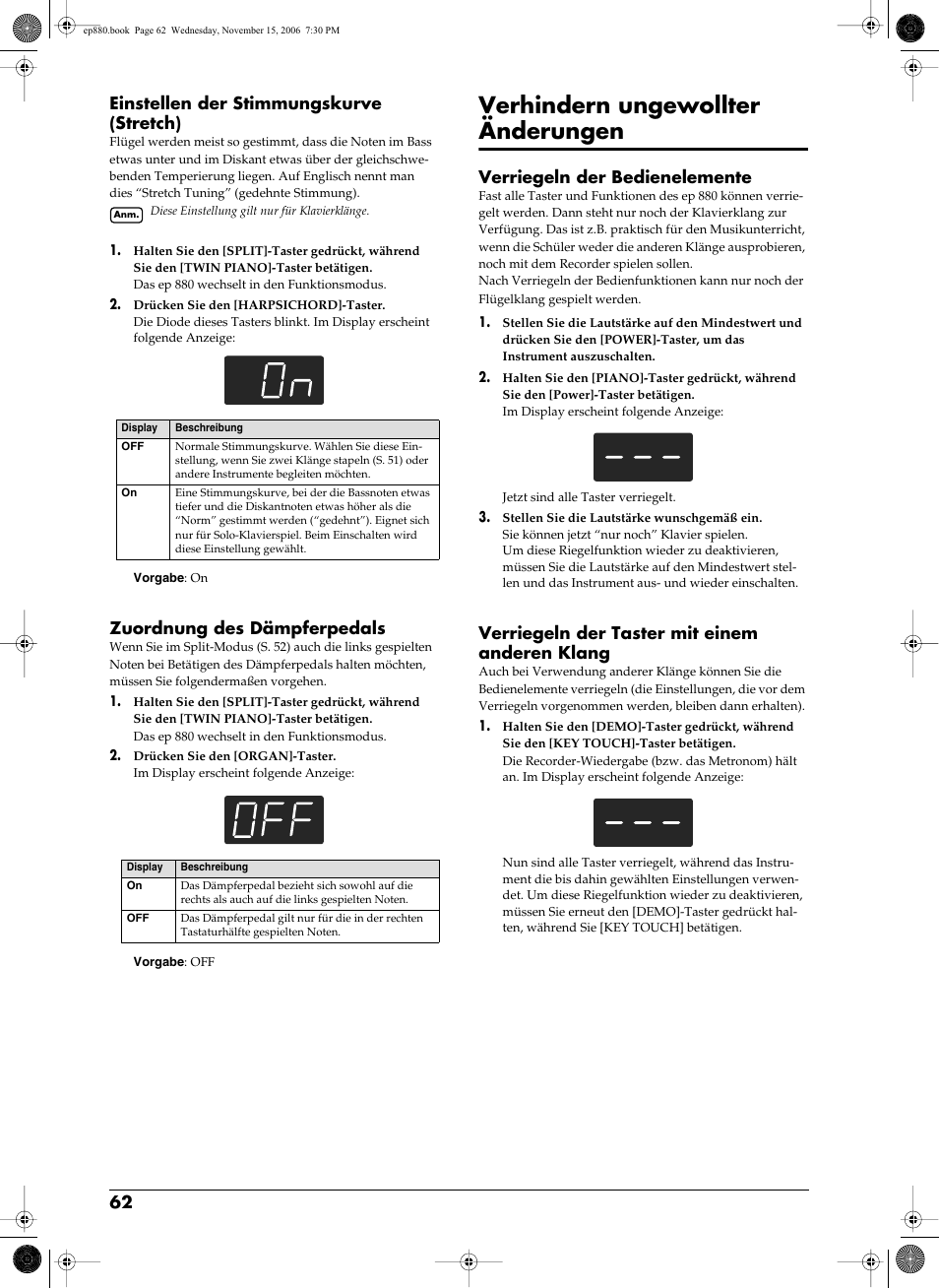 Verhindern ungewollter änderungen, S. 62, 62 einstellen der stimmungskurve (stretch) | Zuordnung des dämpferpedals, Verriegeln der bedienelemente, Verriegeln der taster mit einem anderen klang | Roland EP-880 User Manual | Page 62 / 216