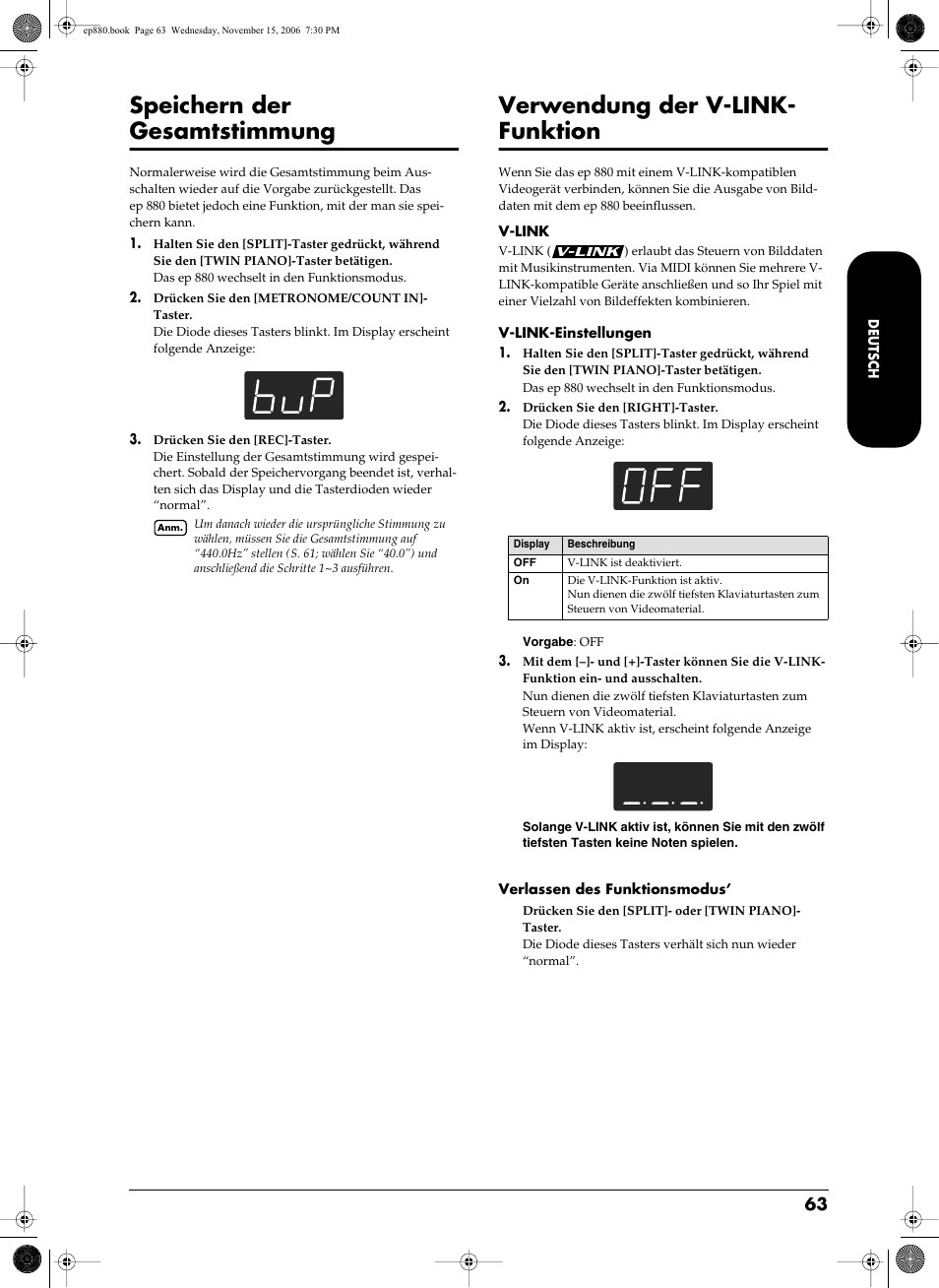 S. 63, Speichern der gesamtstimmung, Verwendung der v-link- funktion | Roland EP-880 User Manual | Page 63 / 216