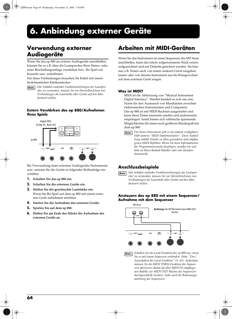 Anbindung externer geräte, Verwendung externer audiogeräte, Arbeiten mit midi-geräten | Anschlussbeispiele | Roland EP-880 User Manual | Page 64 / 216