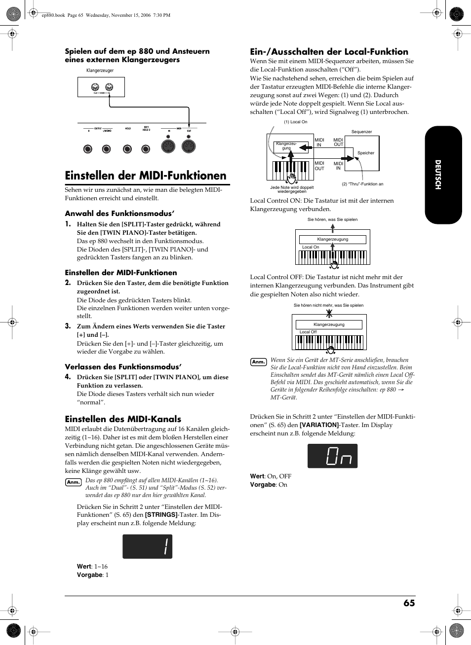 Einstellen der midi-funktionen, S. 65, Einstellen des midi-kanals | Ein-/ausschalten der local-funktion | Roland EP-880 User Manual | Page 65 / 216