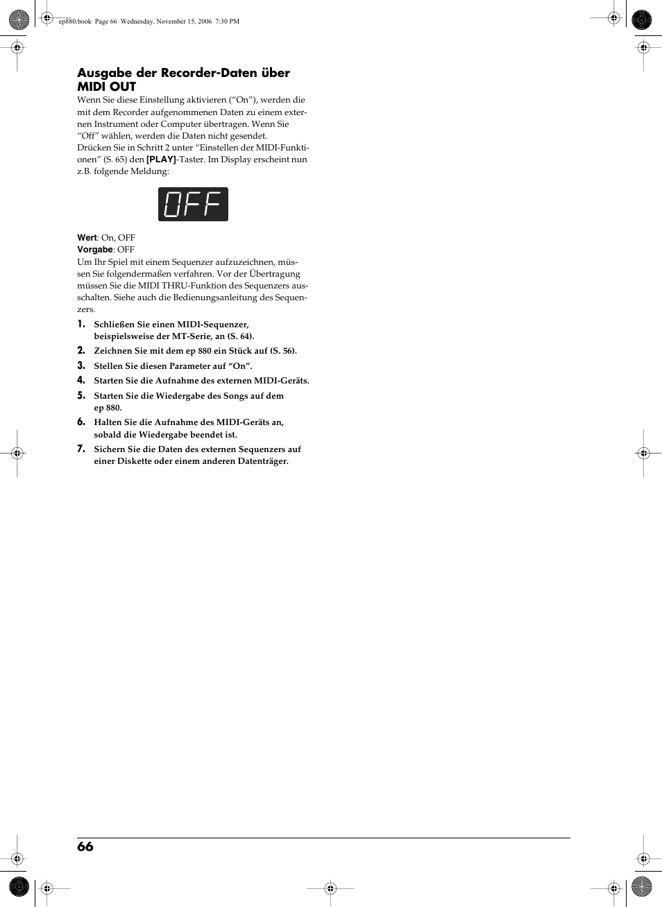 Ausgabe der recorder-daten über midi out, S. 66, 66 ausgabe der recorder-daten über midi out | Roland EP-880 User Manual | Page 66 / 216