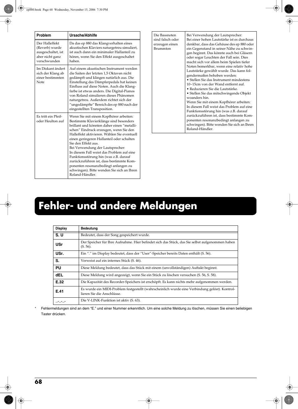 Fehler- und andere meldungen | Roland EP-880 User Manual | Page 68 / 216