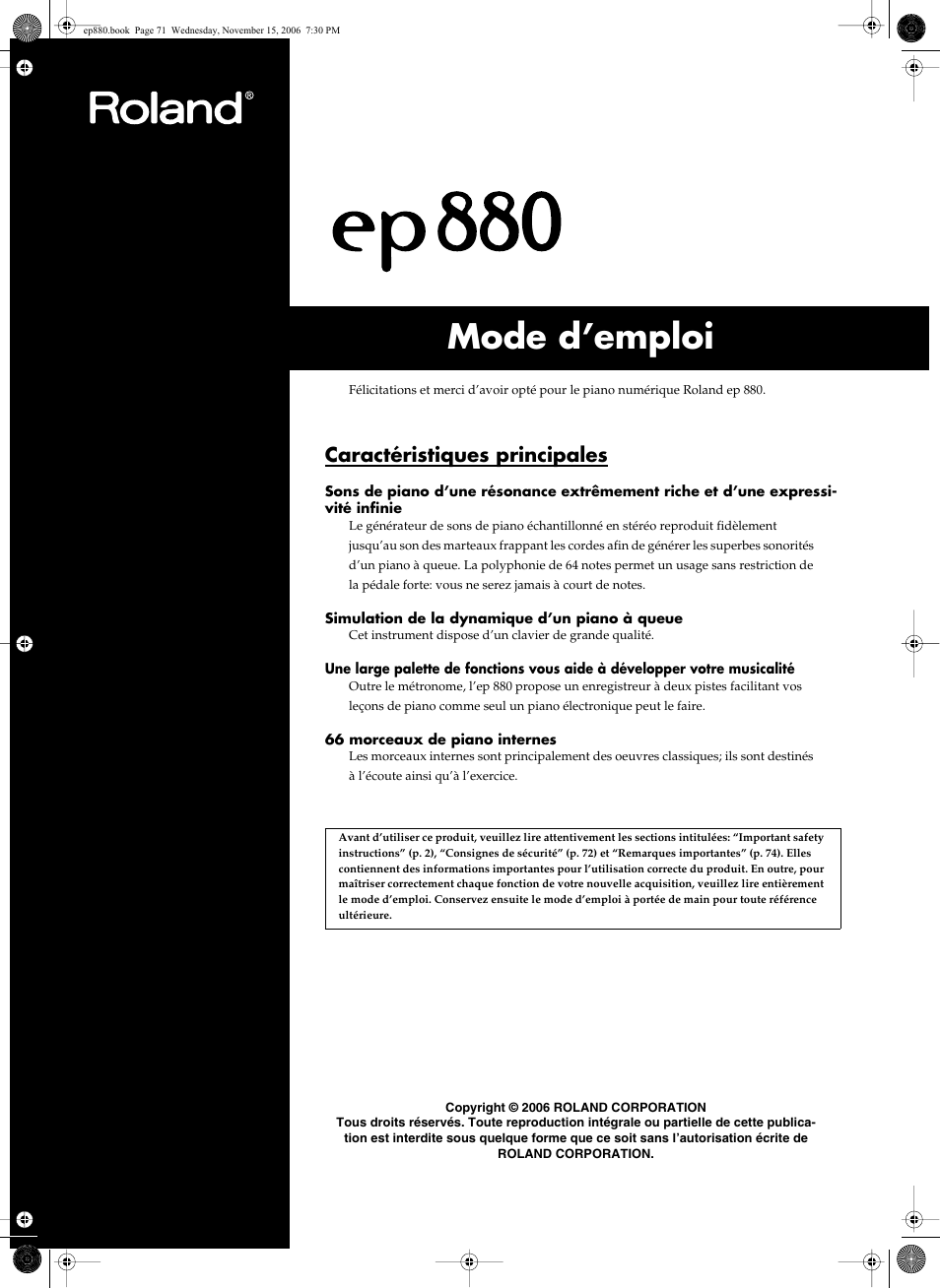 Mode d’emploi, P. 71), Caractéristiques principales | Roland EP-880 User Manual | Page 71 / 216