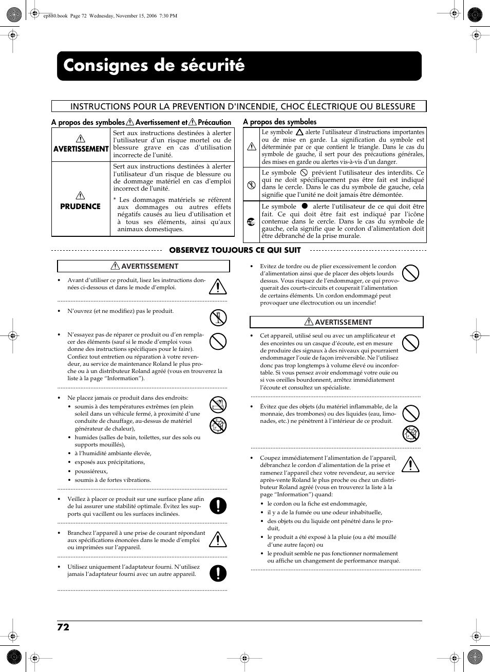 Consignes de sécurité | Roland EP-880 User Manual | Page 72 / 216