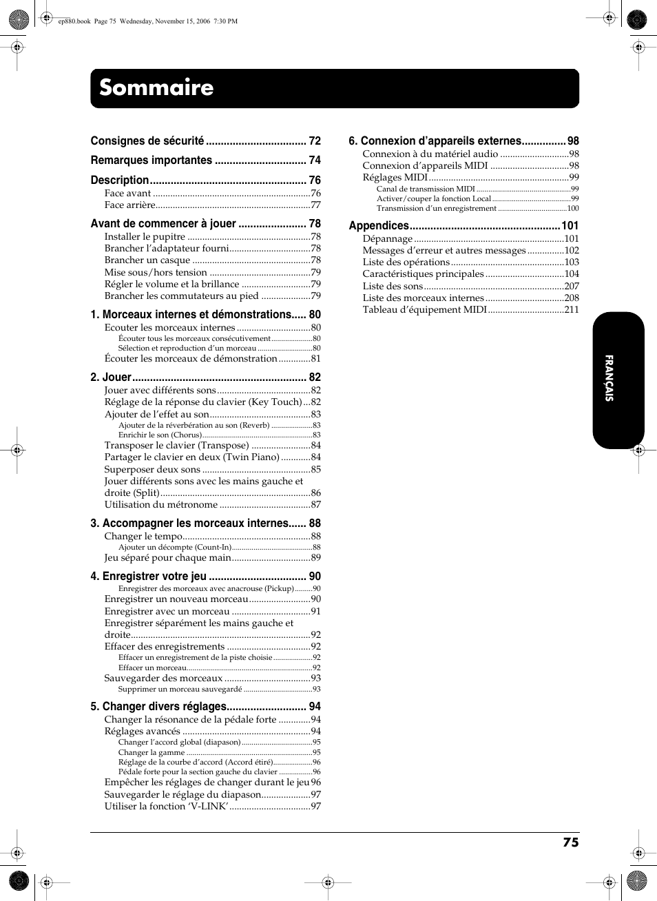 Sommaire | Roland EP-880 User Manual | Page 75 / 216