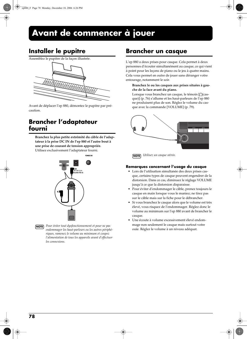 Avant de commencer à jouer, P. 78), Installer le pupitre | Brancher l’adaptateur fourni, Brancher un casque | Roland EP-880 User Manual | Page 78 / 216