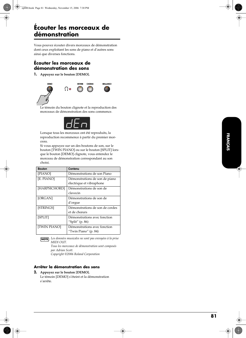 Écouter les morceaux de démonstration, Instrument (p. 81), Écouter les morceaux de démonstration des sons | Roland EP-880 User Manual | Page 81 / 216