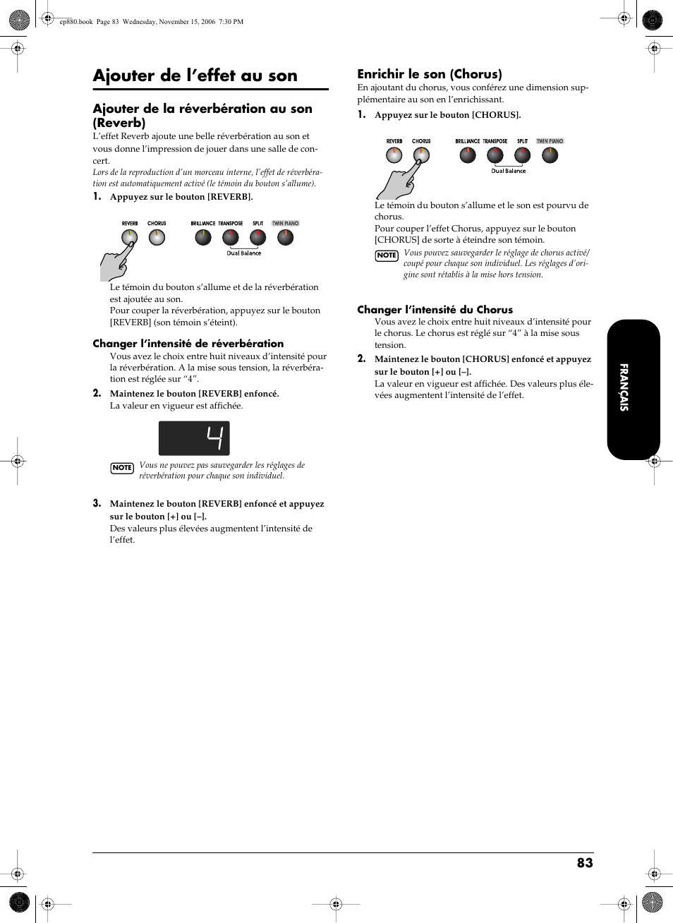 Ajouter de l’effet au son, Ration au son (p. 83), Enrichit le son (p. 83) | Ajouter de la réverbération au son (reverb), Enrichir le son (chorus) | Roland EP-880 User Manual | Page 83 / 216