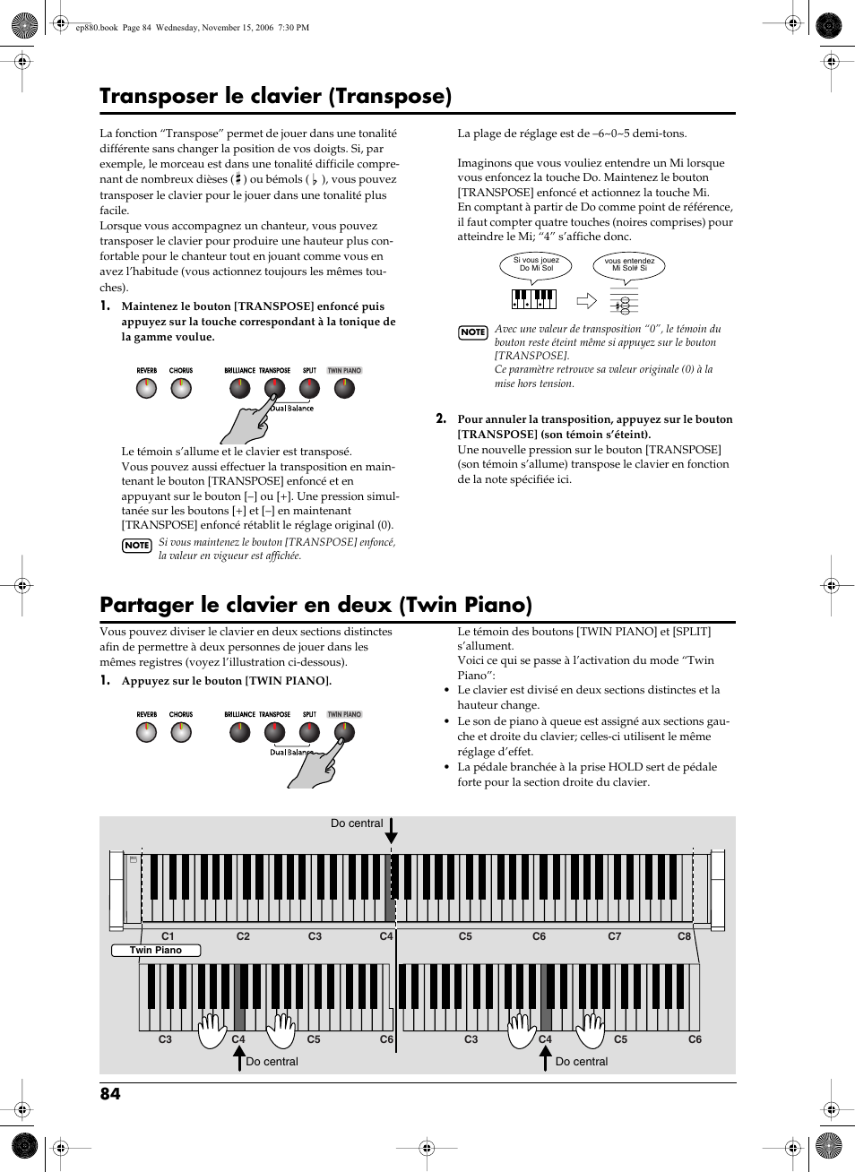 Transpose le clavier (p. 84), Mes registres (p. 84), Transposer le clavier (transpose) | Partager le clavier en deux (twin piano) | Roland EP-880 User Manual | Page 84 / 216