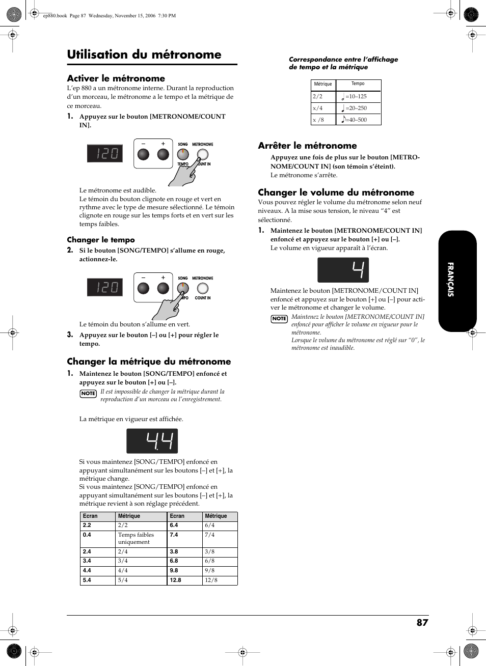 Utilisation du métronome, Tronome (p. 87). vous disposez, Activer le métronome | Changer la métrique du métronome, Arrêter le métronome, Changer le volume du métronome | Roland EP-880 User Manual | Page 87 / 216