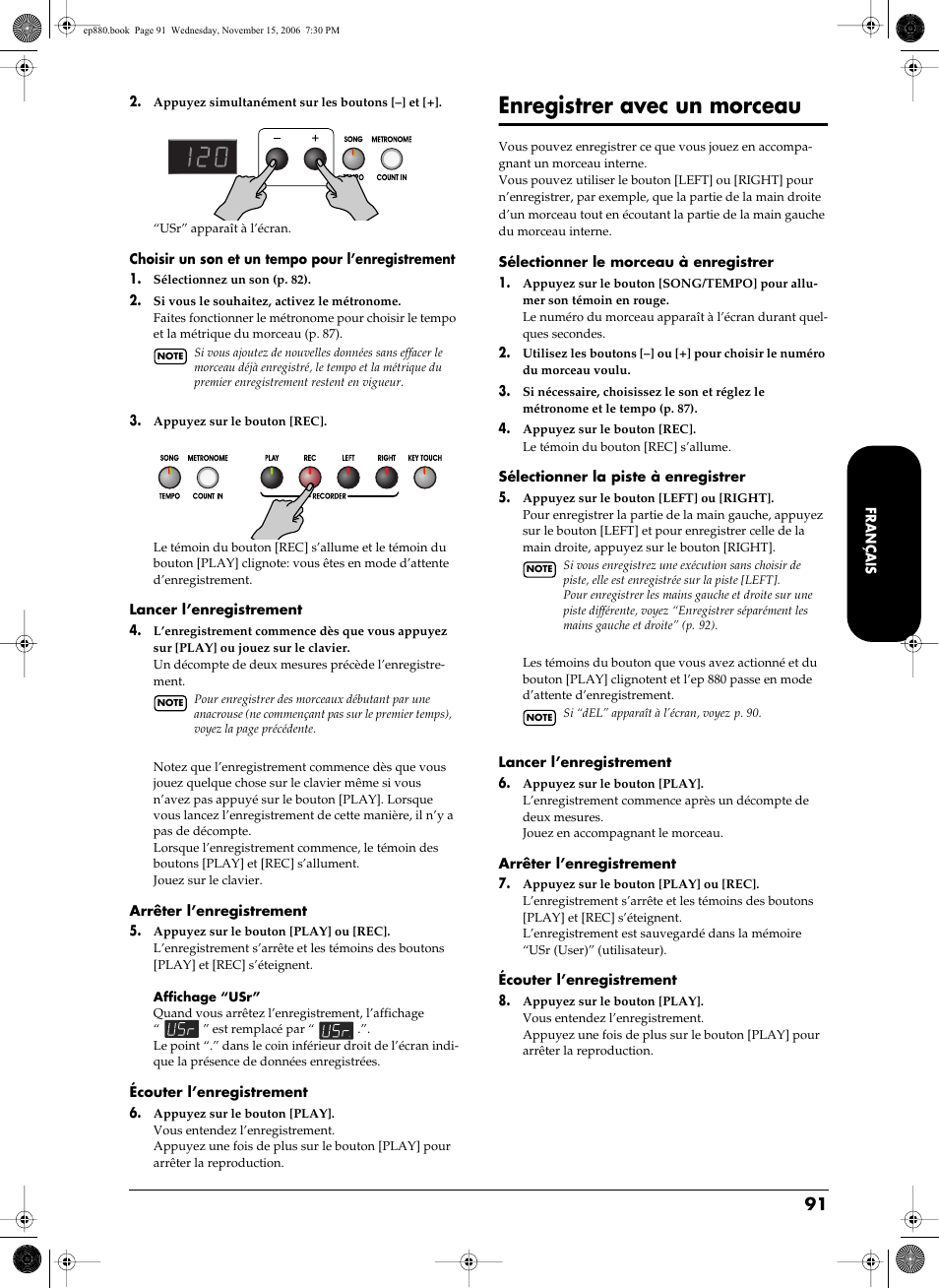 Enregistrer avec un morceau, Enregistrer avec un morceau” p. 91) | Roland EP-880 User Manual | Page 91 / 216