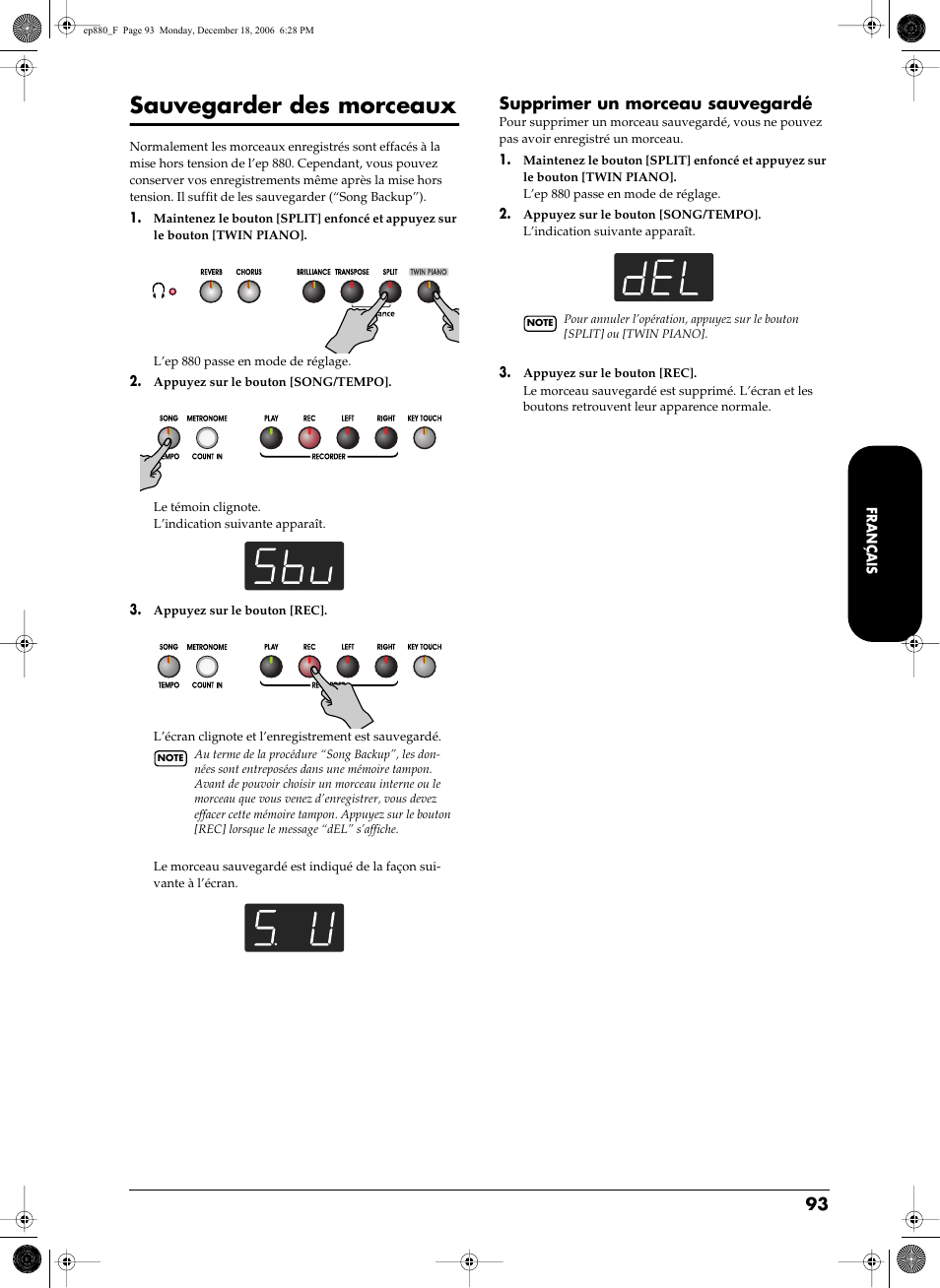 Sauvegarder des morceaux, Supprimer un morceau sauvegardé, P. 93) | Ep 880 mais vous pouvez le sauvegarder (p. 93) | Roland EP-880 User Manual | Page 93 / 216