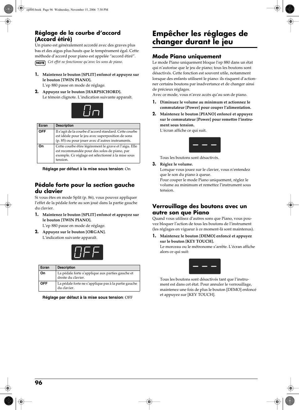 Empêcher les réglages de changer durant le jeu 96, P. 96, Empêcher les réglages de changer durant le jeu | 96 réglage de la courbe d’accord (accord étiré), Mode piano uniquement | Roland EP-880 User Manual | Page 96 / 216