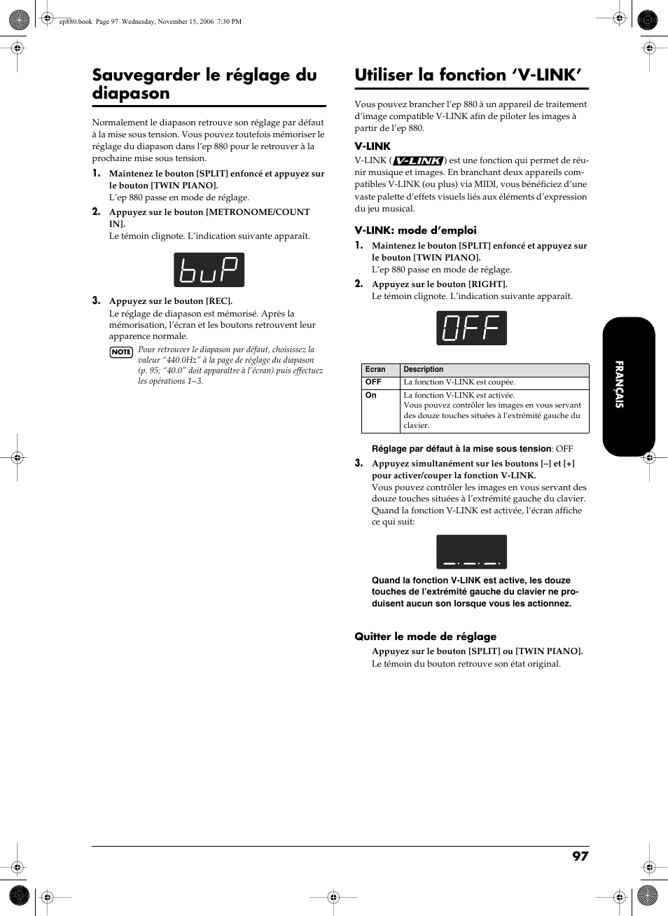 P. 97, Sauvegarder le réglage du diapason, Utiliser la fonction ‘v-link | Roland EP-880 User Manual | Page 97 / 216